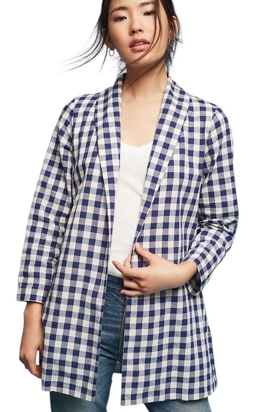 Anthropologie The Lady & The Sailor Gingham Jacket Open Blazer Pockets 2 S/M